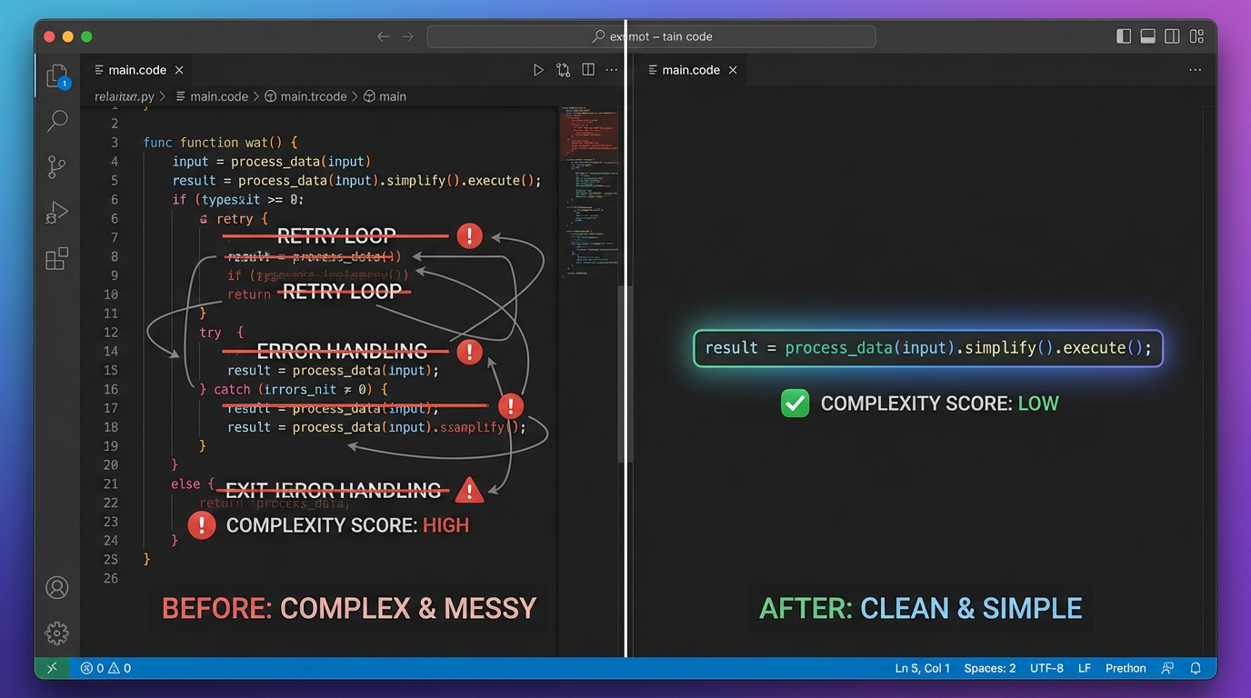 Code comparison showing complex retry logic vs simple ROES implementation